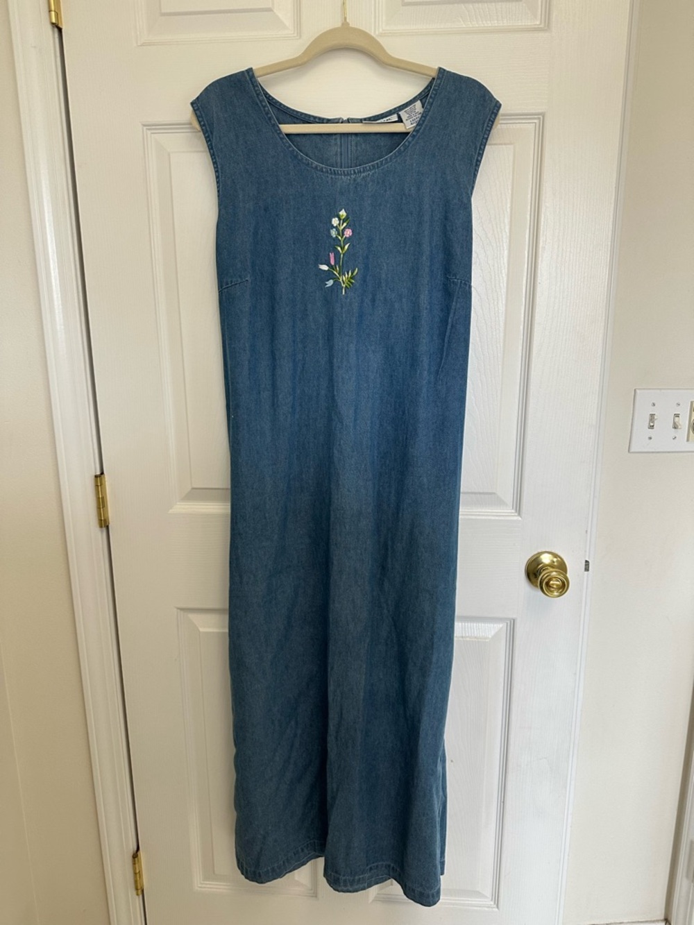 Blair Blue Denim Maxi Dress with Floral Embroidery